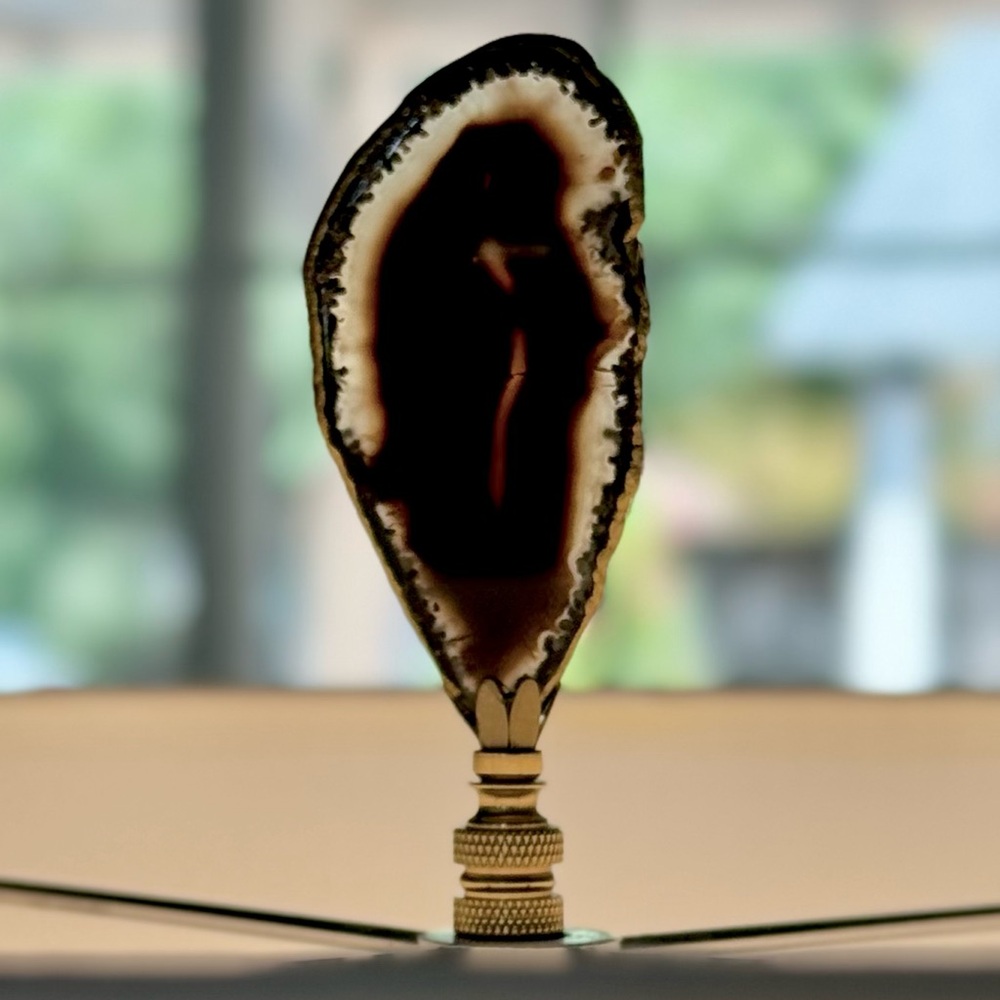 Hand crafted black polished agate slice lamp finial 3.5”